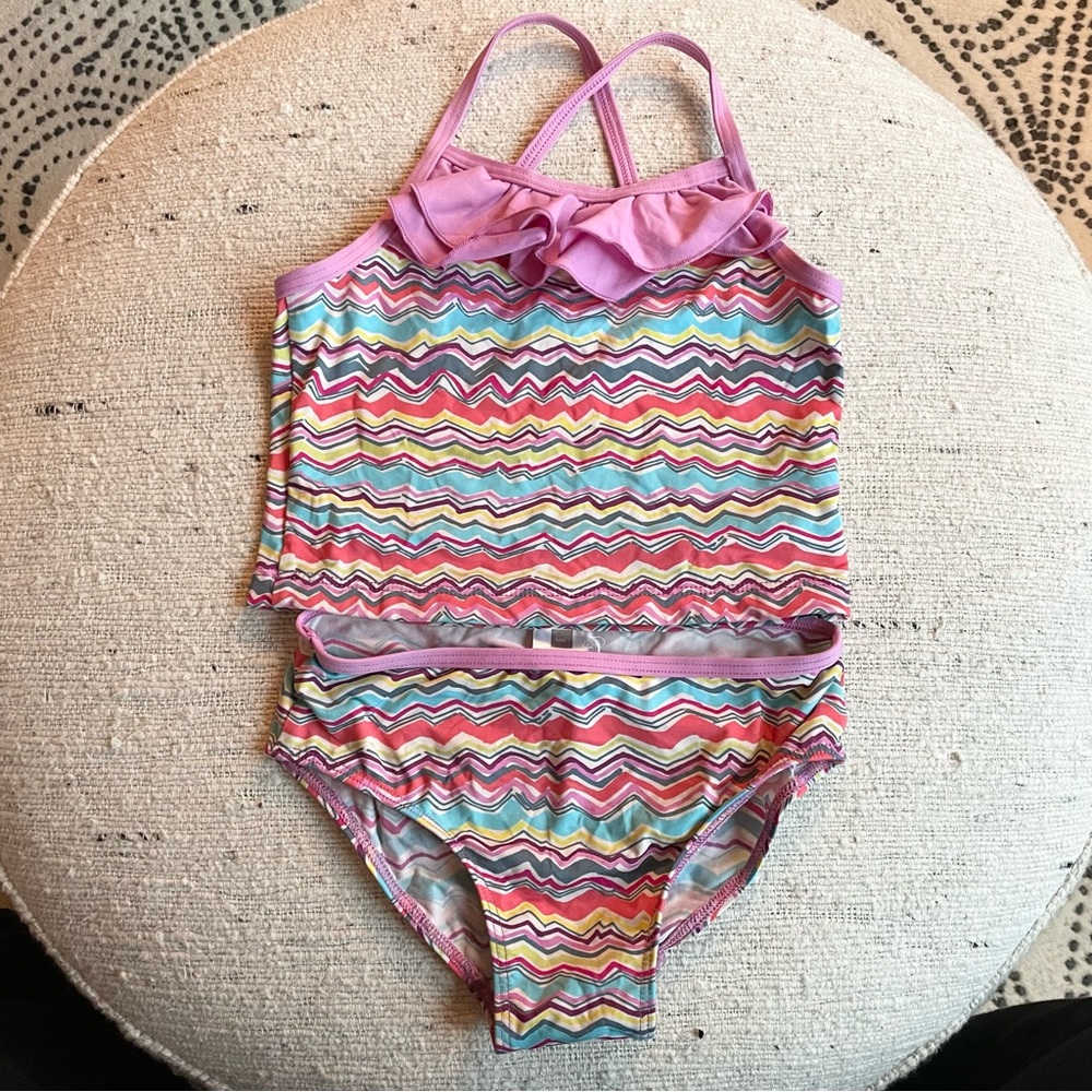 TEA Girls' Multi-Color Zigzag Tankini Swimsuit with Pink Trim, size 5